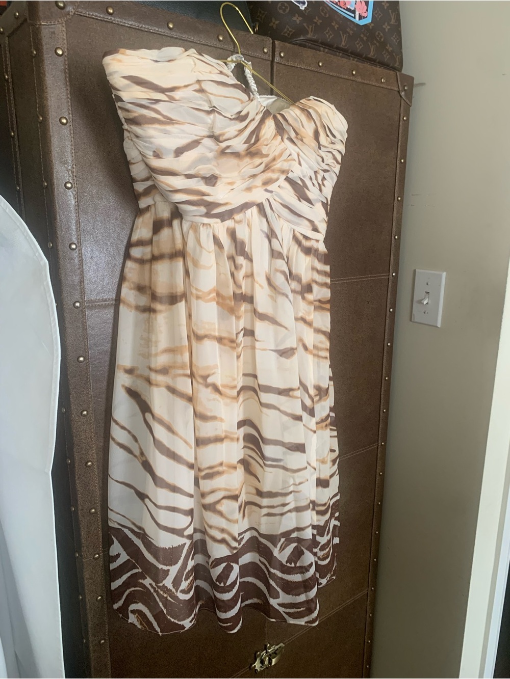 Donna Morgan Cream and Brown Striped Strapless SILK Dress